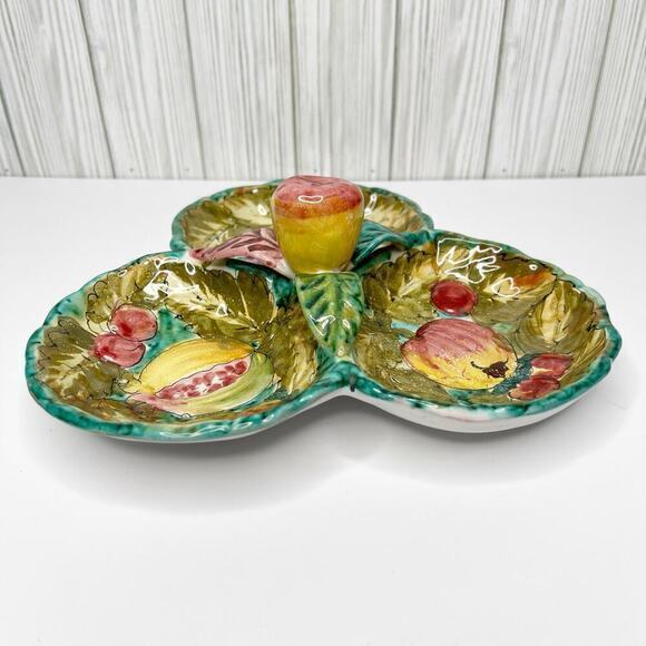Vintage Italian Hand Painted Pottery Majolica Fruits Leaves Divided Serving Dish - Picture 2 of 13
